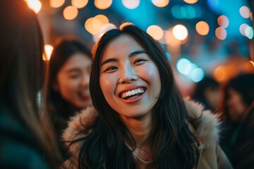 Fototapeta premium A young woman smiling joyfully at a night market with bokeh lights