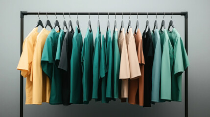 Obraz premium Colorful variety of t-shirts hanging on a clothing rack with metal hangers against a neutral background.