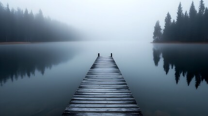 Misty Morning Lake with Wooden Dock and Reflective Trees