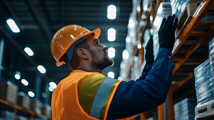 Warehouse worker inspecting shelves in a distribution center
