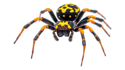 Close-up of a vibrant yellow and black spider with orange markings, showcasing its detailed features against a transparent background.