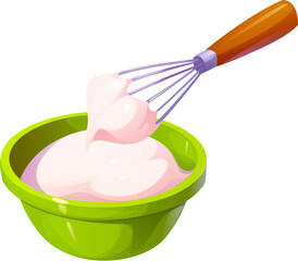 Cream whipping with whisk for food cooking process and preparation, vector icon. Manual whisking cream with whisk in bowl, bakery kitchenware or patisserie utensil appliance for pastry preparation
