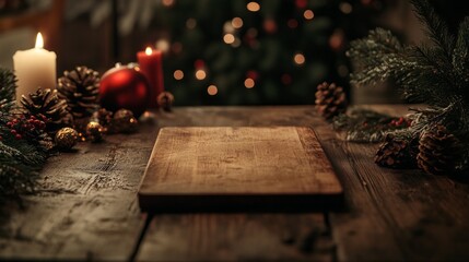 A wooden cutting board with a candle on it and pine cones