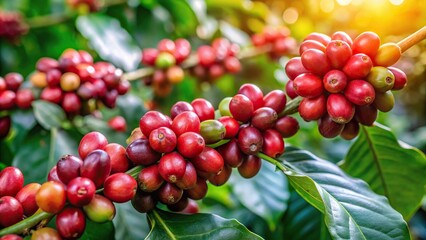 Fototapeta premium Ripe arabica coffee berries on branch in plantation