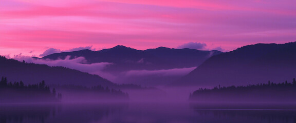 Obraz premium A breathtaking view of mountains silhouetted against a vibrant pink sunset sky, with misty fog rolling over a tranquil lake below, creating a peaceful and enchanting scene.
