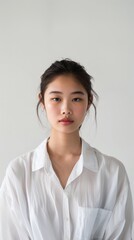 Portrait of a Young Woman in a White Shirt Against a Neutral Background