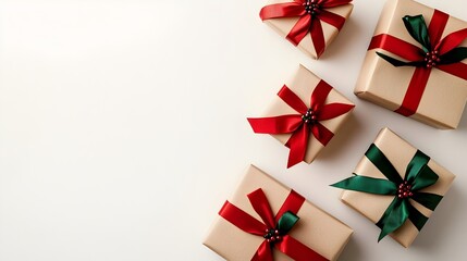 Beautifully Wrapped Christmas Gifts with Festive Ribbons on White Background