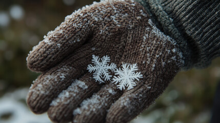 Obraz premium Snowflakes gently landing on gloved hand, showcasing winters beauty