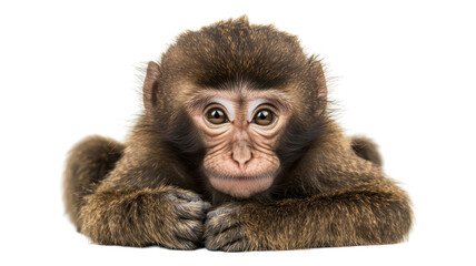 Obraz premium Curious monkey resting with big eyes on a neutral background during a calm moment in nature.