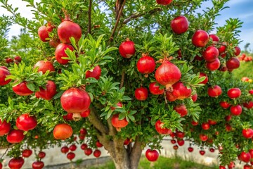 Red flower of pomegranate tree from above angle