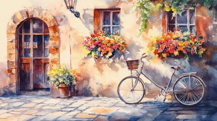 A serene, sunlit street in a vintage European town. 