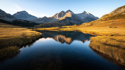 Naklejka premium Tranquil mountain landscape with a reflective lake and golden grass under clear blue sky at sunset