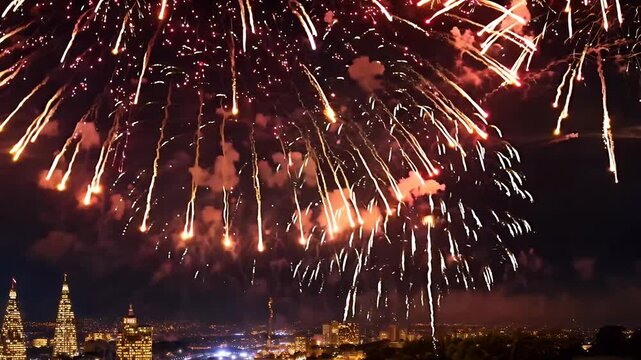 Beautiful 4K fireworks multicolored display gold bright hues lighting night sky celebrating end one year beginning next festive energy celebrate festival travel new holiday party celebration