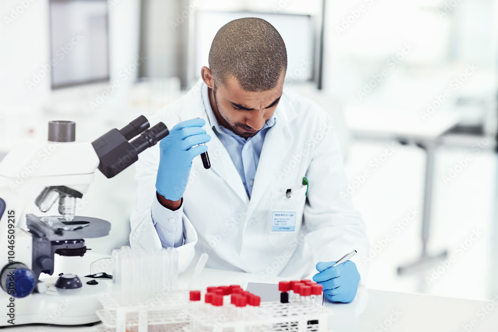 Poster man, scientist and blood at laboratory with tablet, vial and check notes for mpox vaccine trial. per
