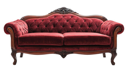 Fototapeta premium Elegant red velvet sofa with intricate wooden detailing, perfect for a vintage-inspired living room or home decor setting.