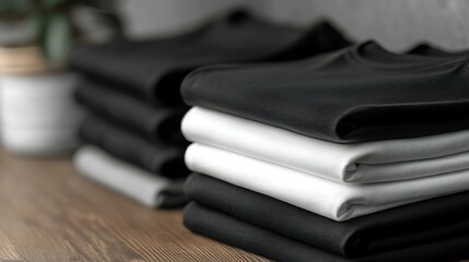 Folded square t-shirts in black and white, stacked and displayed in a clean mockup for fashion presentations