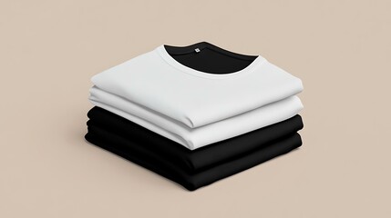 Mockup featuring a stack of black and white square t-shirts, folded neatly for use in clothing presentations