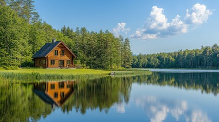 Obraz premium A wooden cabin sits on the edge of a still lake, reflecting the blue sky and fluffy clouds.
