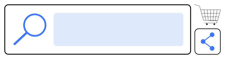 Search bar with magnifying glass icon, shopping cart, and share button on the right. Ideal for e-commerce, online shopping, user interface, minimal design, web design elements. Clean and simple