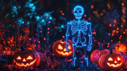 Naklejka premium A neon skeleton glowing in blue, standing with neon pumpkins and glowing spiderwebs in a dark background