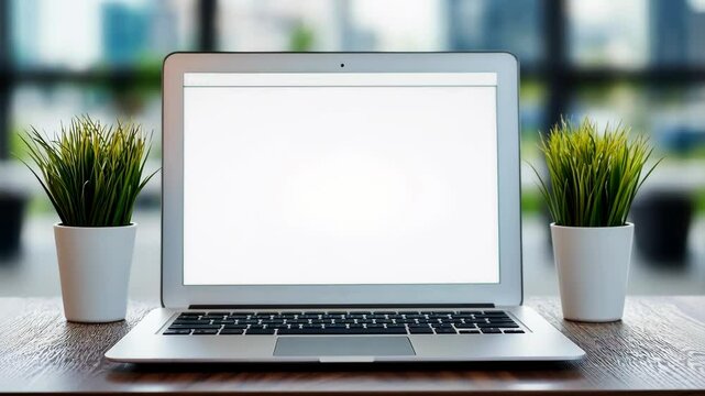 A silver laptop with a blank screen sits on a wooden desk with two potted plants