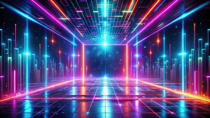 neon glitch retro futuristic background with color dispersion effect from high angle view