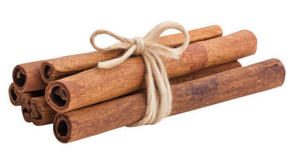A bundle of cinnamon sticks tied with twine on a transparent background for culinary and decorative use.