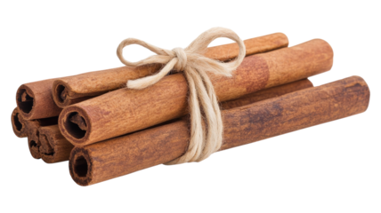 A bundle of cinnamon sticks tied with twine on a transparent background for culinary and decorative use.