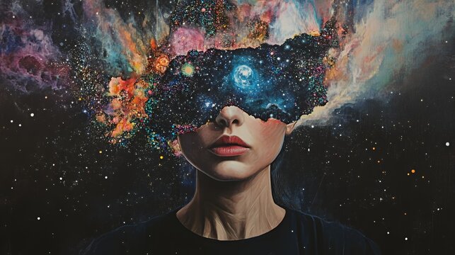 A woman's face is obscured by a swirling galaxy, representing the vastness of the cosmos and the mysteries of the universe.