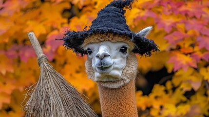 Obraz premium Alpaca Wearing Witch Hat with Broom in Front of Autumn Leaves
