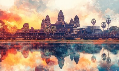 Obraz premium Watercolor Angkor Wat, an ancient temple ruins in Cambodia