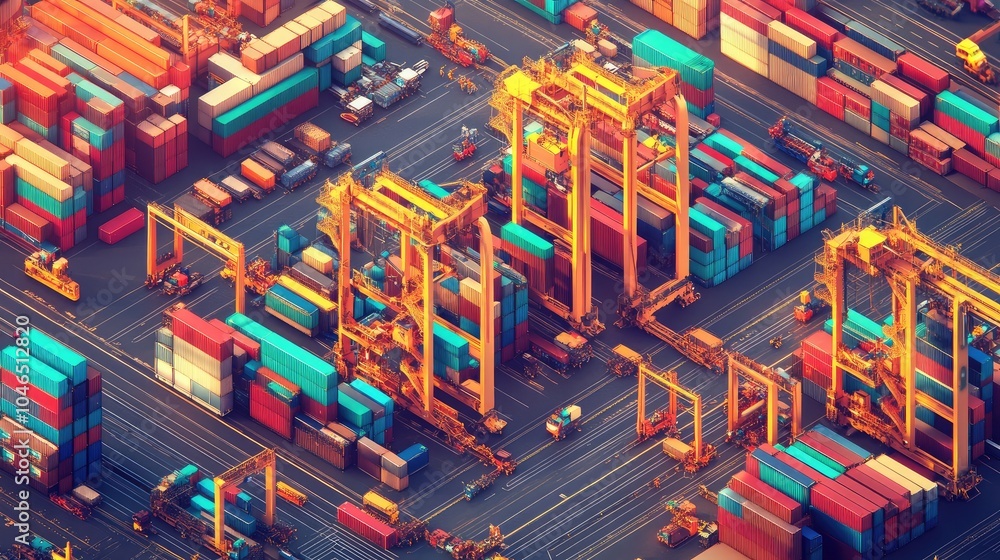 Poster aerial view of busy container terminal operations