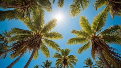 Palm trees with sun flare creating a cheerful vacation atmosphere under a bright blue sky.