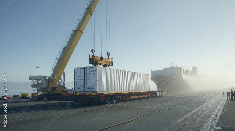 Aufkleber container loading at port with crane in foggy weather