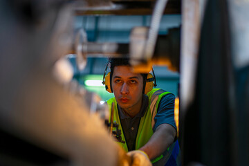 Blue collar worker upskills at lathe machine shop.