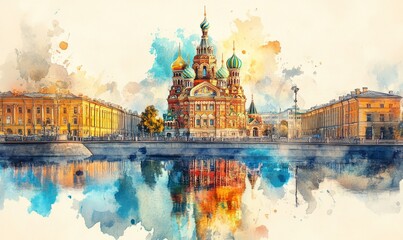 Obraz premium Watercolor Church of the Saviour on Spilled Blood, St. Petersburg, Russia