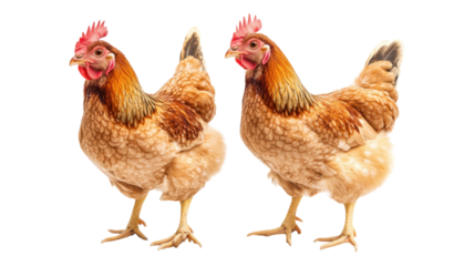 Two hens standing side by side with vibrant feathers in a well-lit environment showcasing their natural colors.