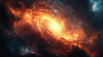 Naklejka premium A vibrant galaxy swirling with orange and yellow hues in space.