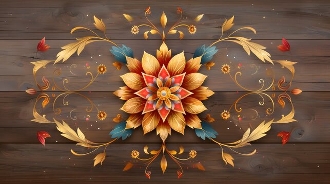 Vibrant floral mandala on wooden background
