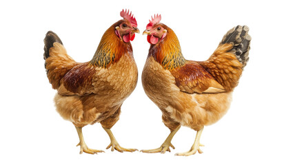 Fototapeta premium Two vibrant chickens with colorful plumage standing side by side in a bright and lively setting.