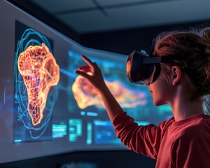 Teacher and student using interactive 3D model on screen, immersive technology in education, STEMfocused learning, futuristic classroom environment