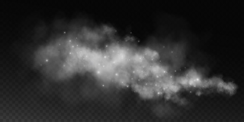 Fantastic smoke background. Magic smoke with glitter and small particles of twinkling stars, fog with glowing particles, gray vapor with stardust. Vector illustration.  © andreu1990