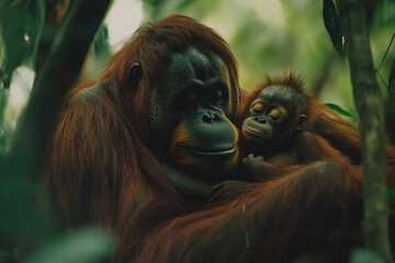 Obraz premium Orangutan mother with baby in jungle