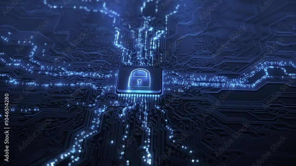 Poster digital security hologram of virtual lock icon on circuit board. concept of finance data privacy and