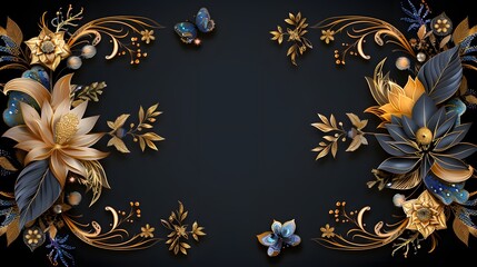 Elegant floral frame with gold and blue accents