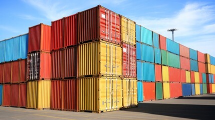 Fototapeta premium Colorful Shipping Containers Stacked at Warehouse