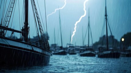 Stormy harbor scene with lightning illuminating the sky over anchored boats.