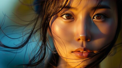 Fototapeta premium Close-Up Portrait of a Young Woman with Wind-Swept Hair