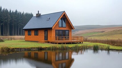 Modern wooden cabin with a large deck overlooking a pond in a rural setting.