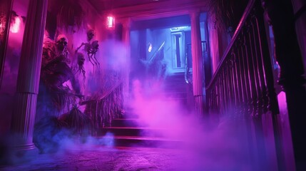 A spooky interactive haunted house with glowing neon ghosts, motion-activated skeletons, and fog machines creating a chilling atmosphere